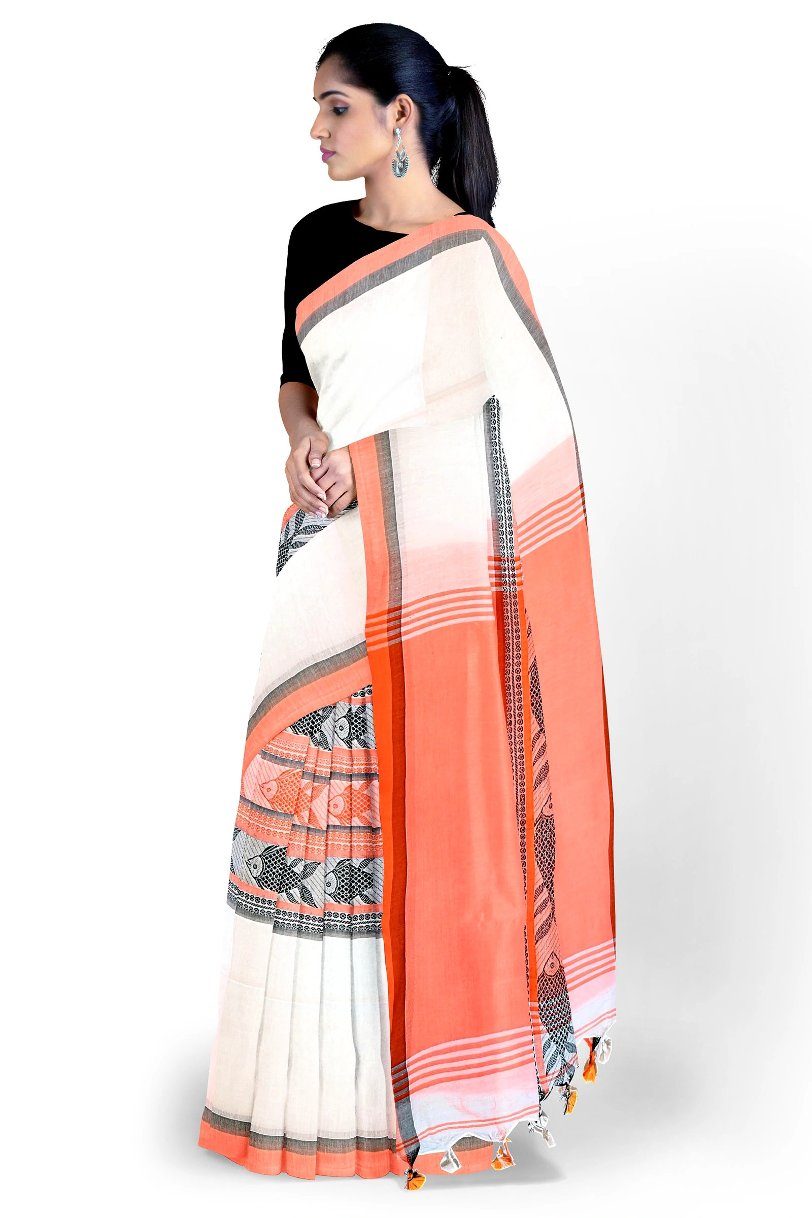 White Orange Pure Cotton Marine Hand Loom Saree (1280)